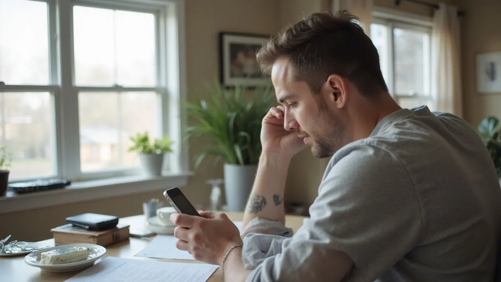 A renter reading over an apartment application at a kitchen table