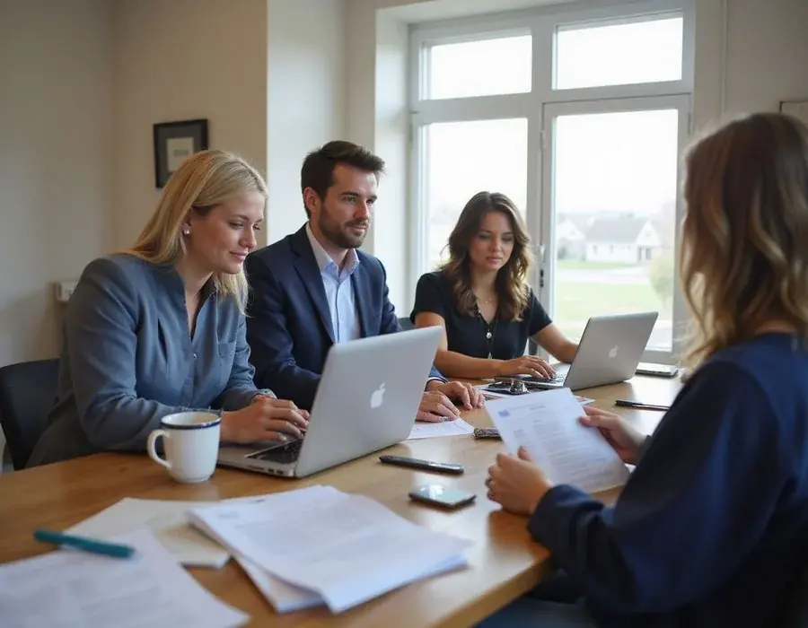 People reviewing apartment information at a desk