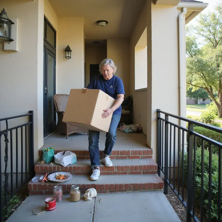 A renter carrying a moving box up the breezeway stairs at a garden style apartment complex