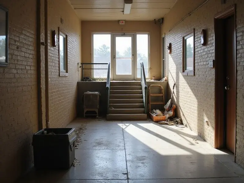 A two story apartment building with a breezeway
